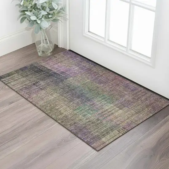 Plum Green And Brown Abstract Geometric Washable Area Rug With UV Protection Photo 1