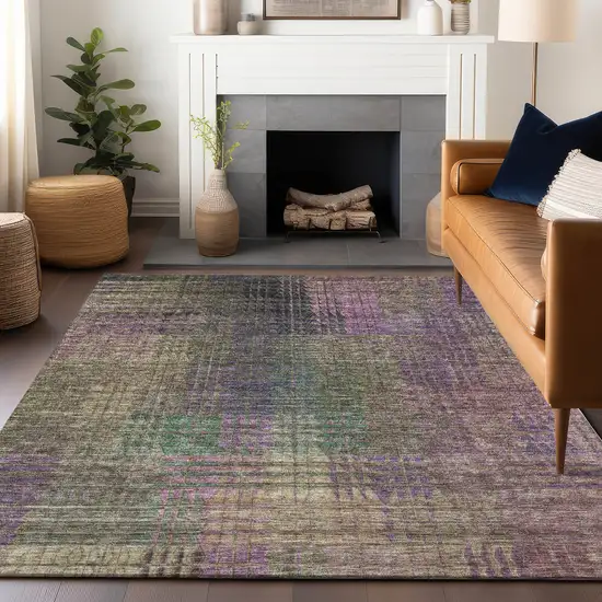 Plum Green And Brown Abstract Geometric Washable Area Rug With UV Protection Photo 6