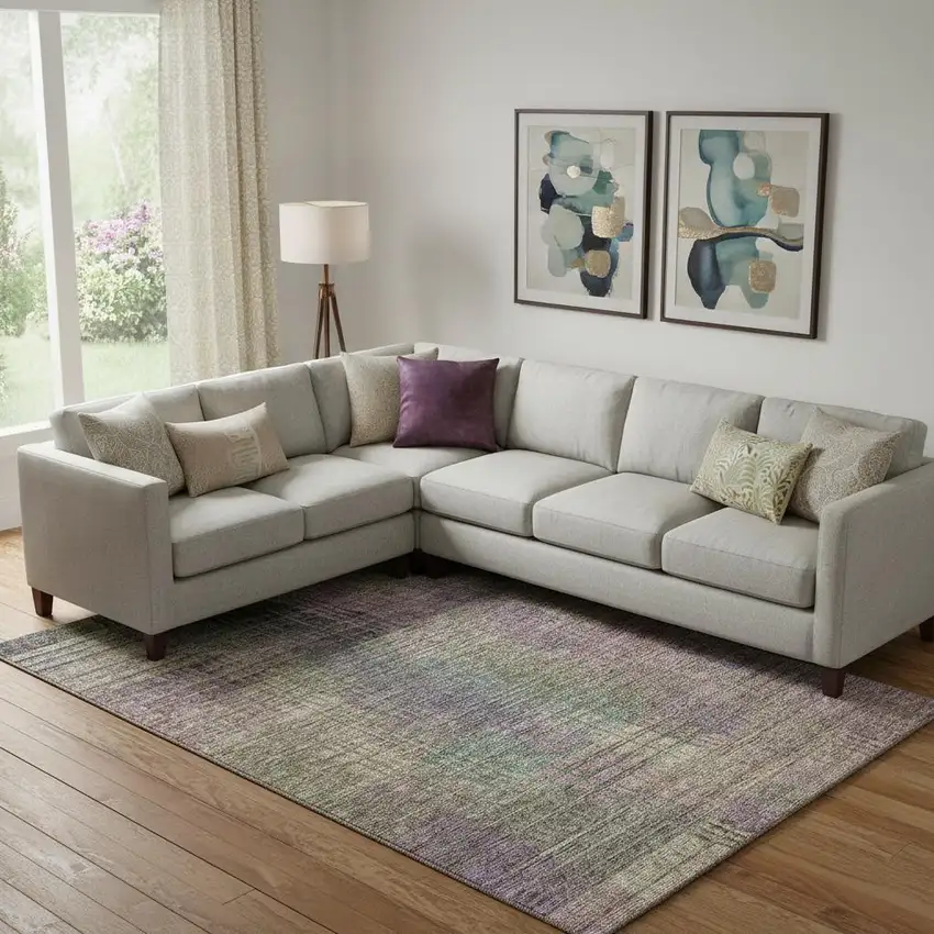 Plum Green And Brown Abstract Geometric Washable Area Rug With UV Protection Photo 1