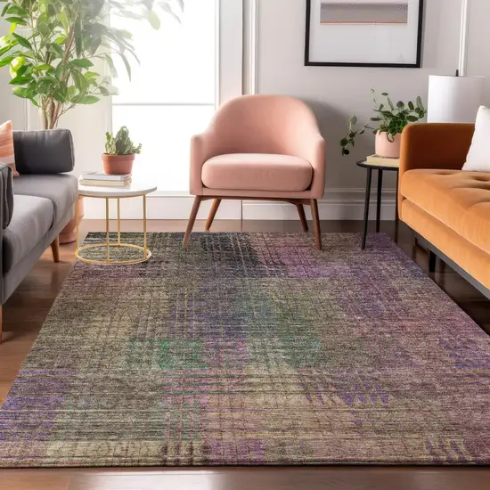 Plum Green And Brown Abstract Geometric Washable Area Rug With UV Protection Photo 5