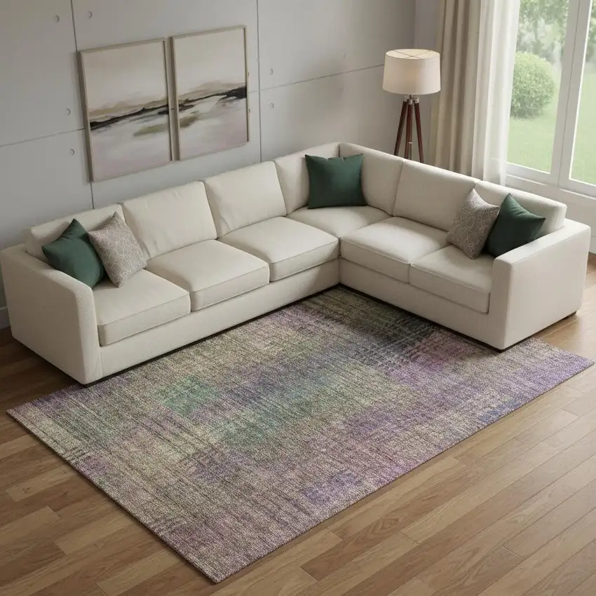 Plum Green And Brown Abstract Geometric Washable Area Rug With UV Protection Photo 1