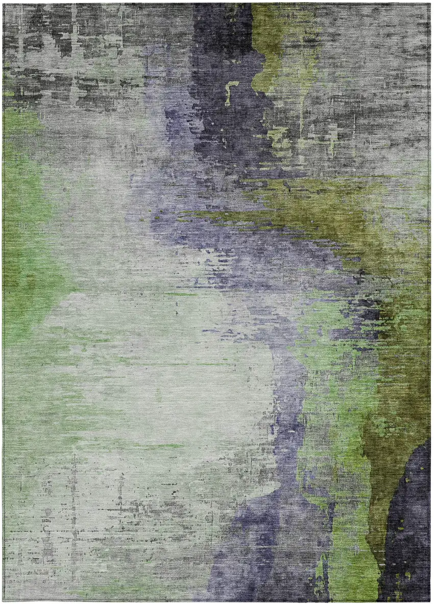 Plum Green And Silver Abstract Washable Indoor Outdoor Area Rug Photo 1