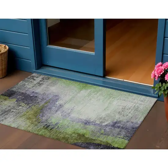 Plum Green And Silver Abstract Washable Indoor Outdoor Area Rug Photo 2