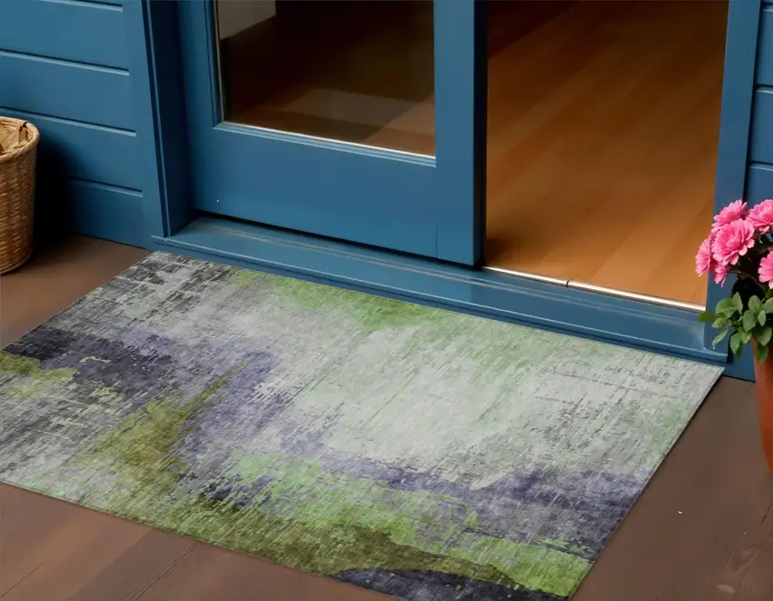 Plum Green And Silver Abstract Washable Indoor Outdoor Area Rug Photo 2