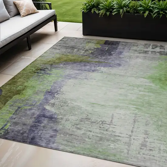 Plum Green And Silver Abstract Washable Indoor Outdoor Area Rug Photo 2