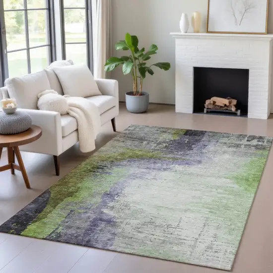 Plum Green And Silver Abstract Washable Indoor Outdoor Area Rug Photo 5