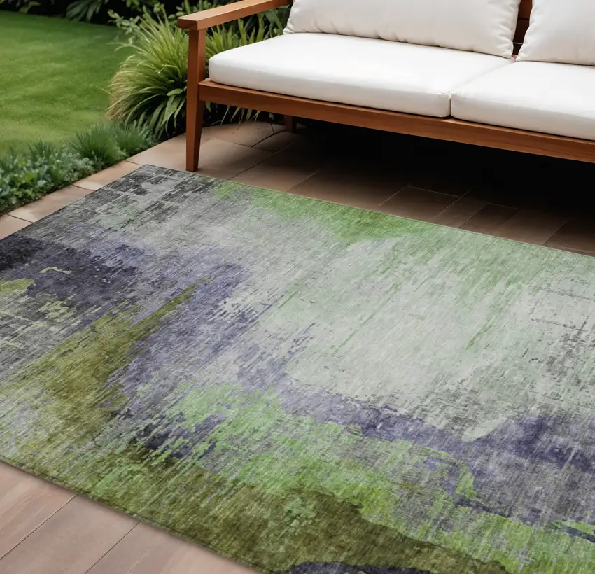 Plum Green And Silver Abstract Washable Indoor Outdoor Area Rug Photo 2
