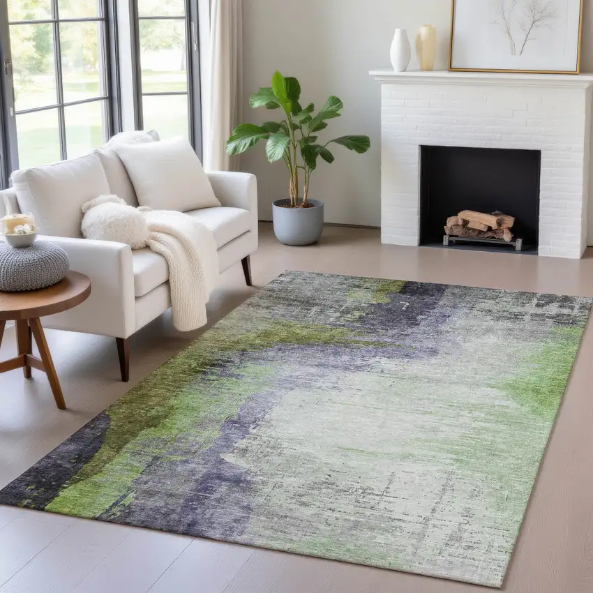 Plum Green And Silver Abstract Washable Indoor Outdoor Area Rug Photo 4