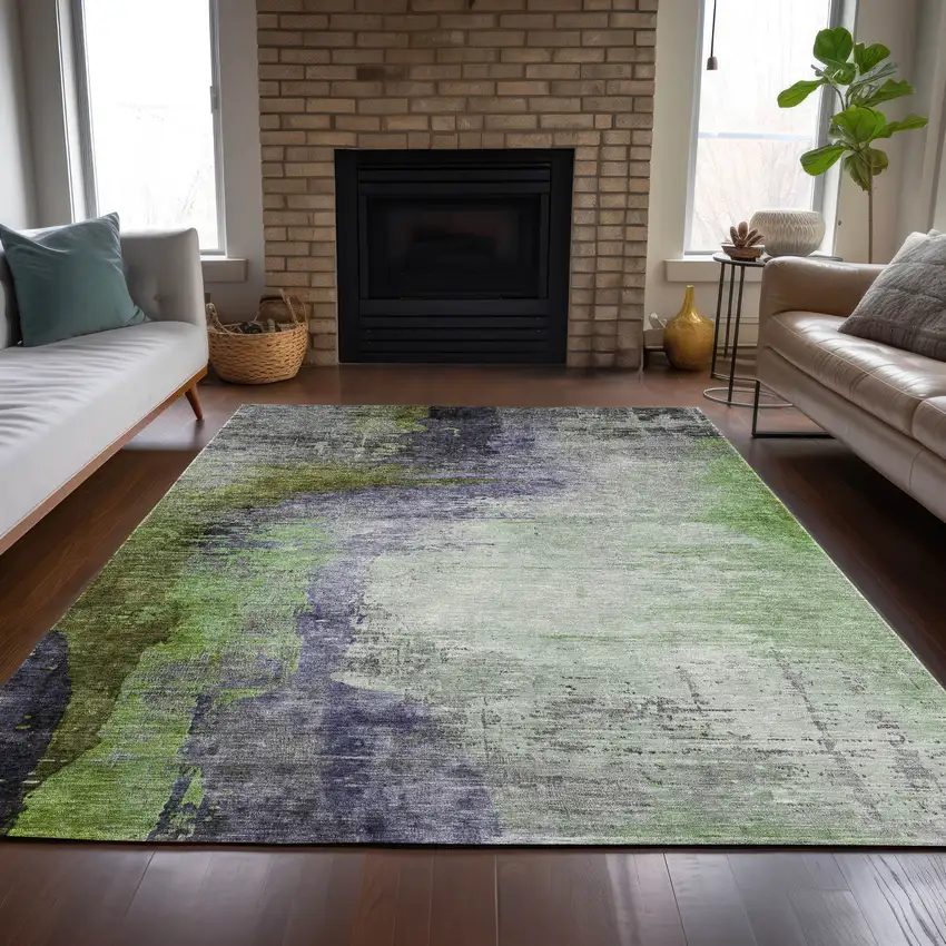 Plum Green And Silver Abstract Washable Indoor Outdoor Area Rug Photo 5