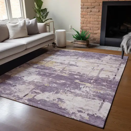 Plum Ivory And Gold Abstract Washable Indoor Outdoor Area Rug Photo 5