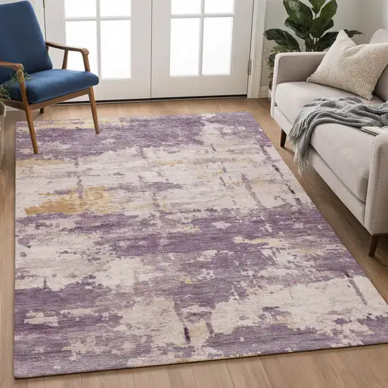Plum Ivory And Gold Abstract Washable Indoor Outdoor Area Rug Photo 4