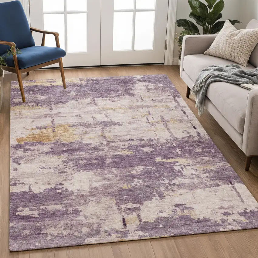 Plum Ivory And Gold Abstract Washable Indoor Outdoor Area Rug Photo 4