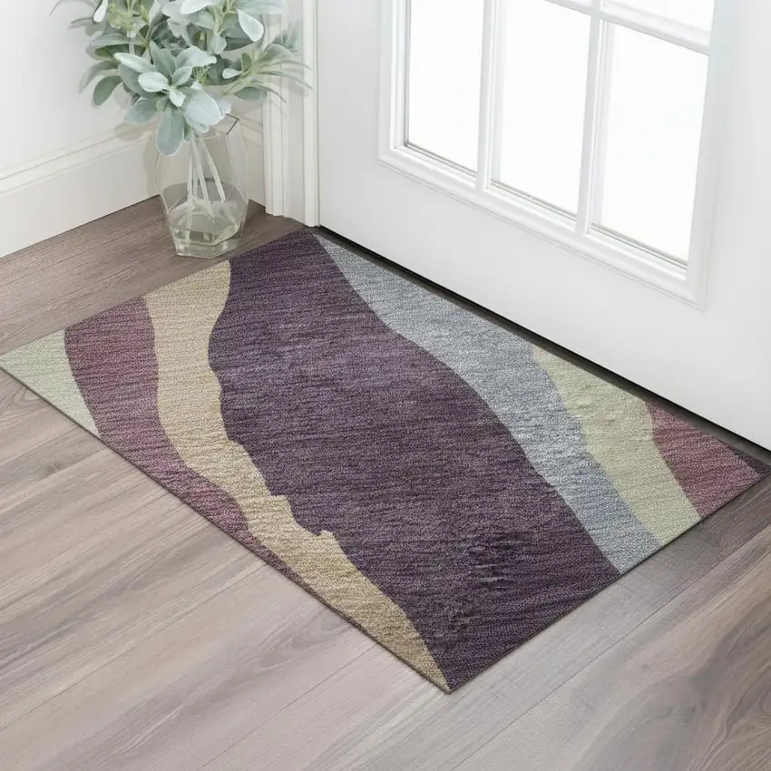 Plum Ivory And Gray Abstract Washable Area Rug With UV Protection Photo 2