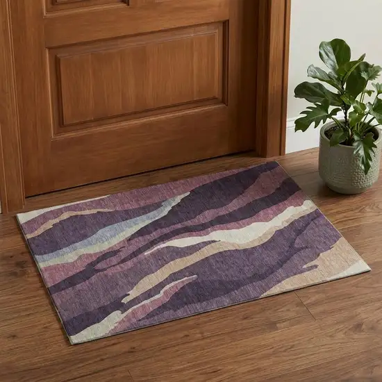 Plum Ivory And Gray Abstract Washable Area Rug With UV Protection Photo 1