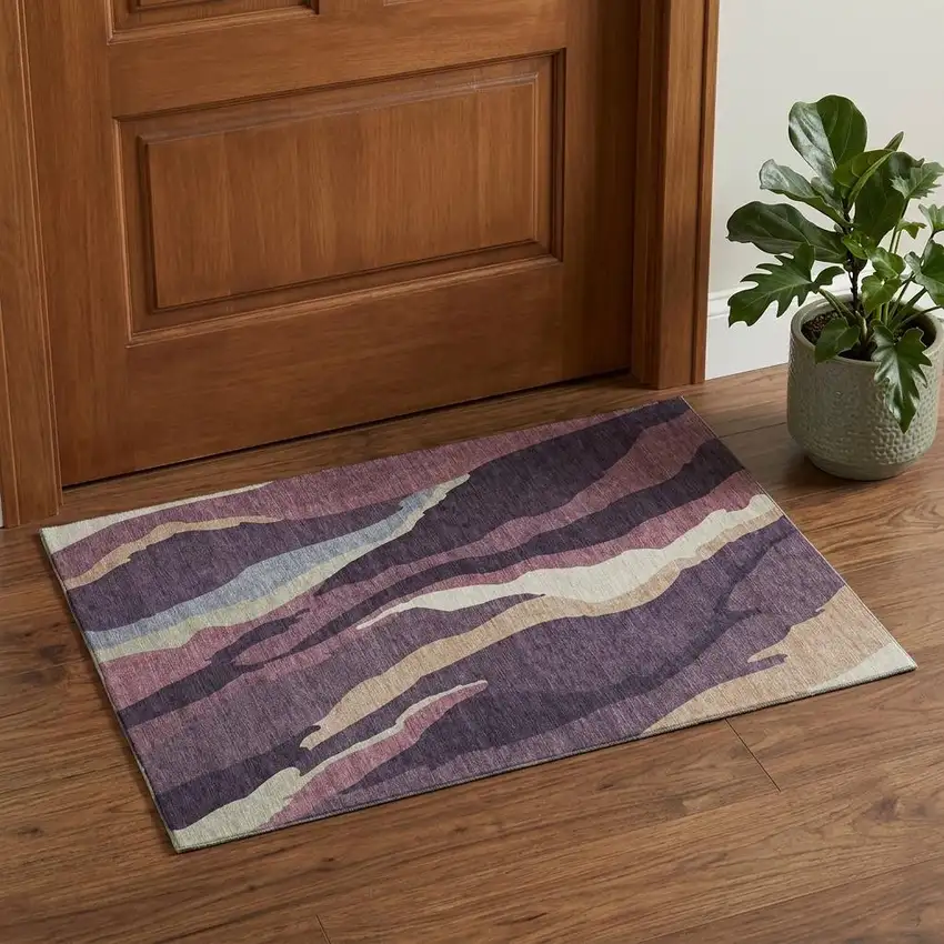 Plum Ivory And Gray Abstract Washable Area Rug With UV Protection Photo 1