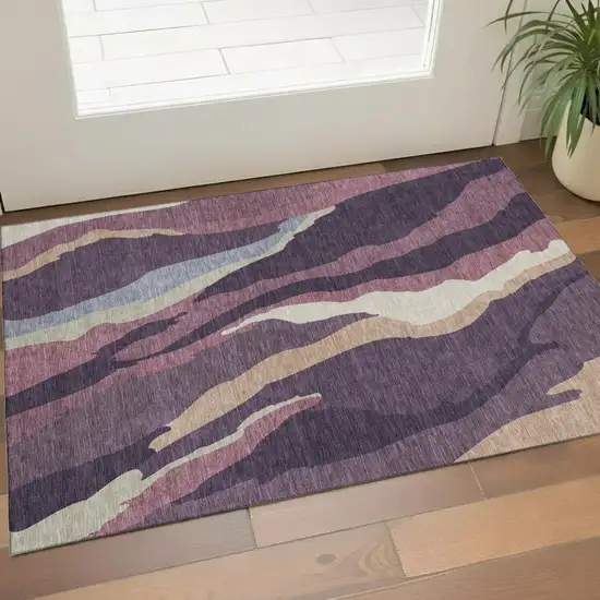 Plum Ivory And Gray Abstract Washable Area Rug With UV Protection Photo 1