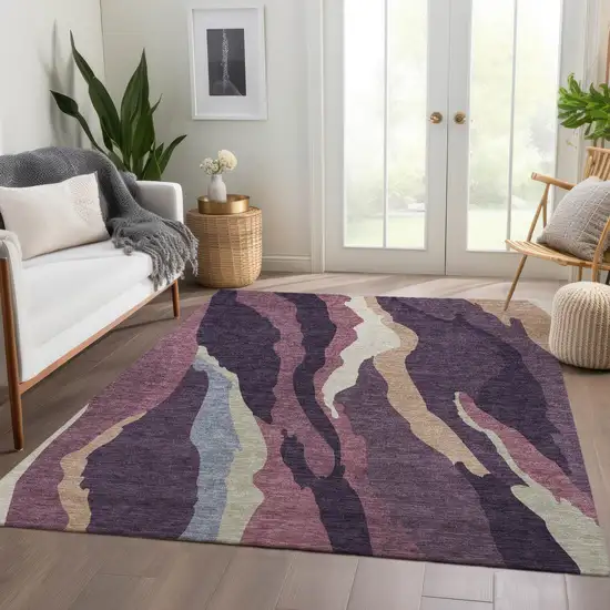 Plum Ivory And Gray Abstract Washable Area Rug With UV Protection Photo 4