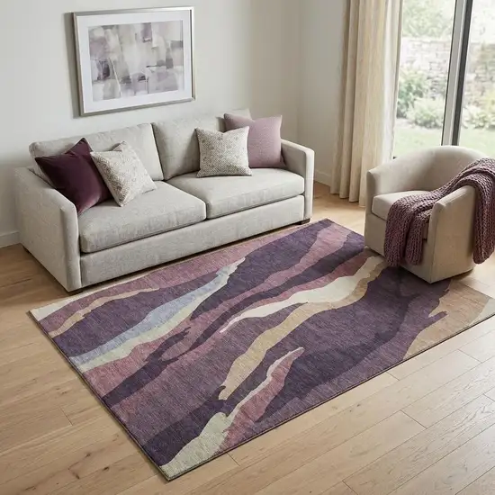 Plum Ivory And Gray Abstract Washable Area Rug With UV Protection Photo 1