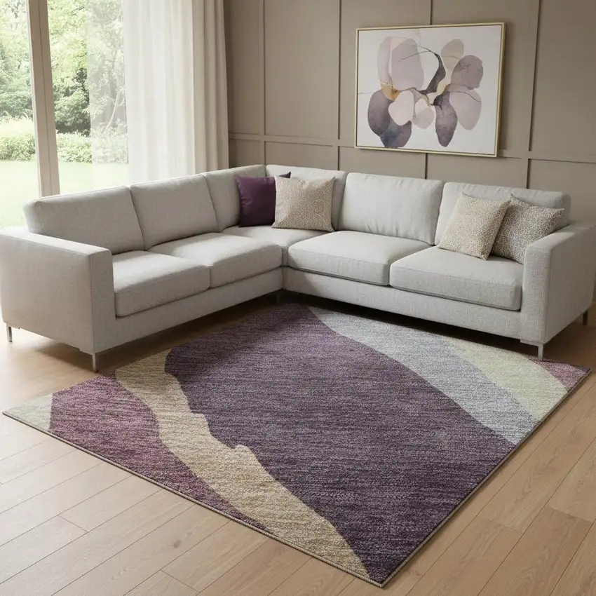Plum Ivory And Gray Abstract Washable Area Rug With UV Protection Photo 2