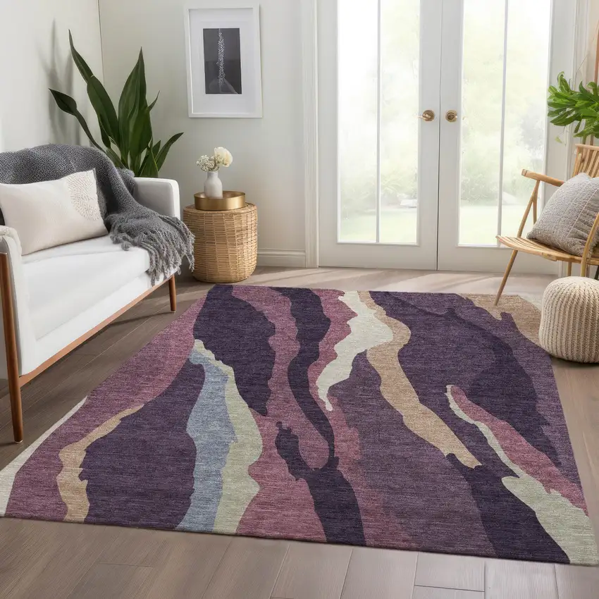Plum Ivory And Gray Abstract Washable Area Rug With UV Protection Photo 3