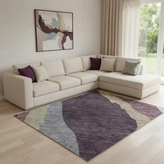 Plum Ivory And Gray Abstract Washable Area Rug With UV Protection Photo 2