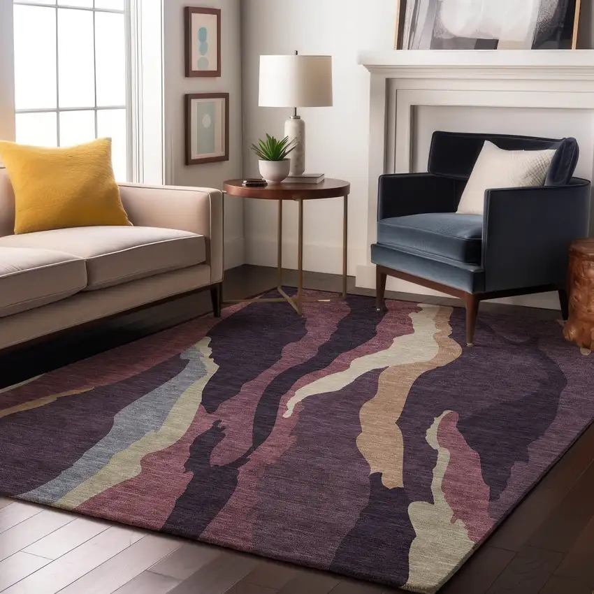 Plum Ivory And Gray Abstract Washable Area Rug With UV Protection Photo 2