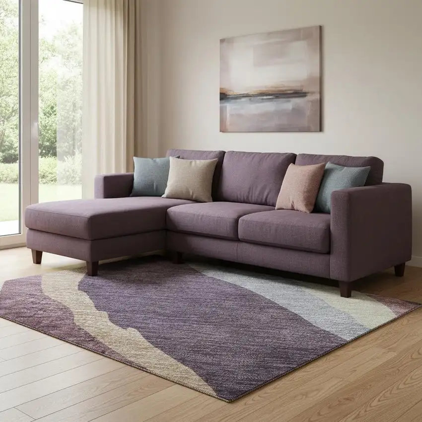 Plum Ivory And Gray Abstract Washable Area Rug With UV Protection Photo 2