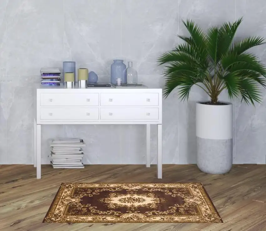 3'X5' Plum Ivory Machine Woven Hand Carved Floral Medallion Indoor Area Rug Photo 2