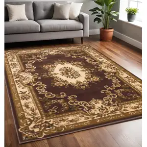 Photo of Plum Ivory Machine Woven Hand Carved Floral Medallion Indoor Area Rug