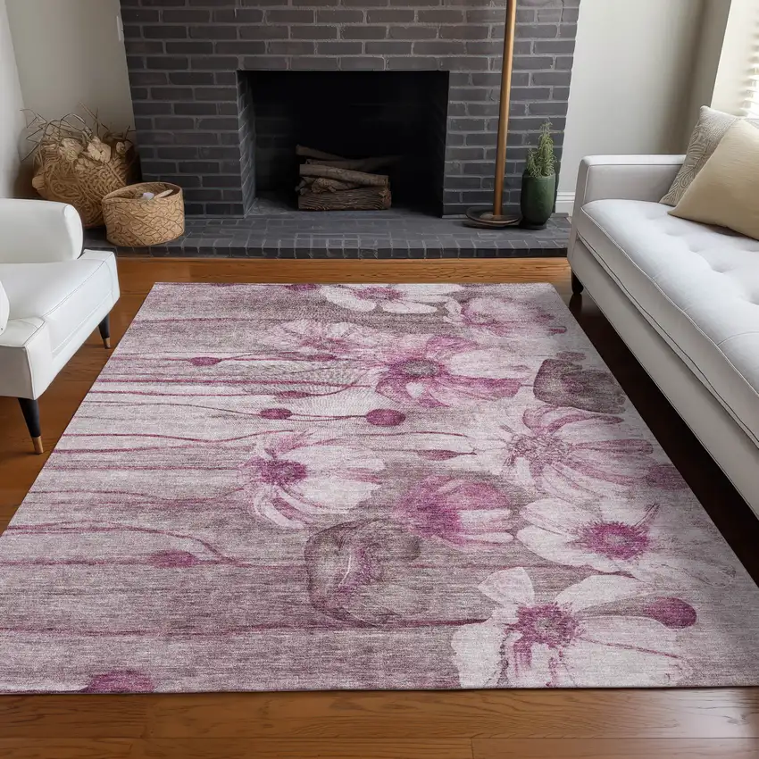 Plum Mauve And Pink Floral Washable Indoor Outdoor Area Rug Photo 8