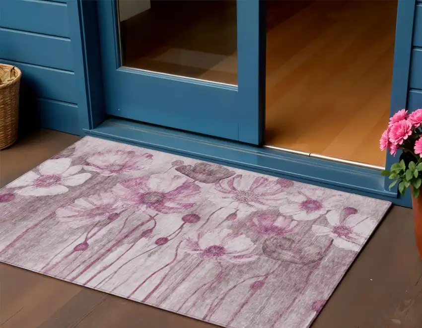 Plum Mauve And Pink Floral Washable Indoor Outdoor Area Rug Photo 1