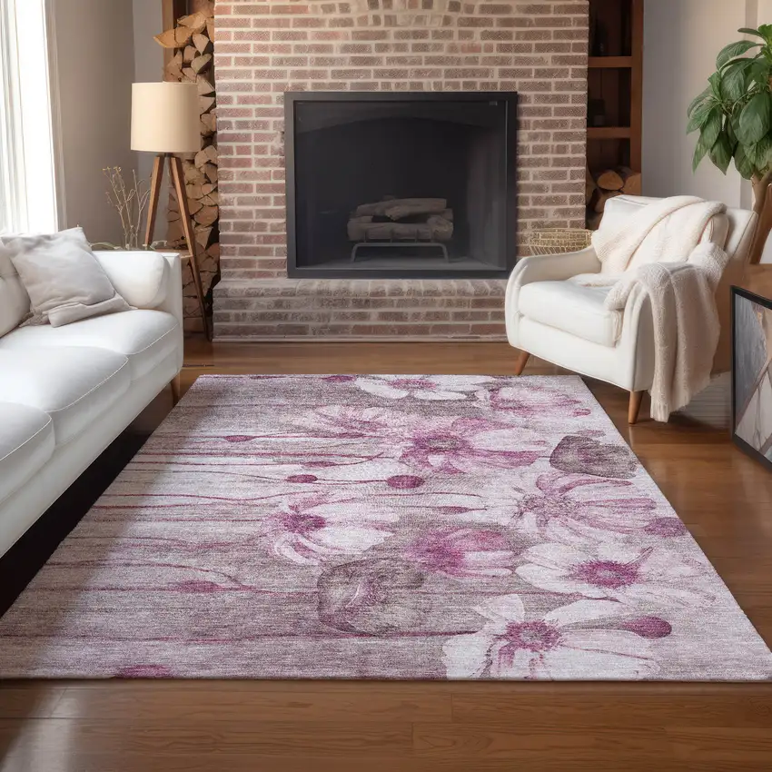 Plum Mauve And Pink Floral Washable Indoor Outdoor Area Rug Photo 9