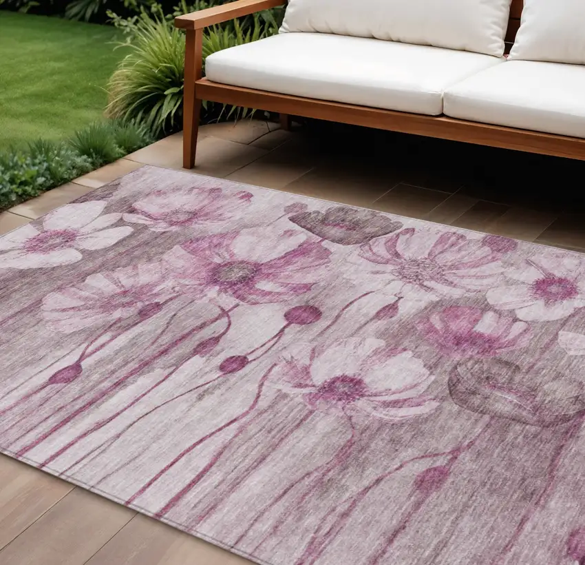 Plum Mauve And Pink Floral Washable Indoor Outdoor Area Rug Photo 1