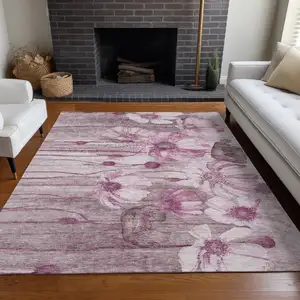 Photo of Plum Mauve And Pink Floral Washable Indoor Outdoor Area Rug