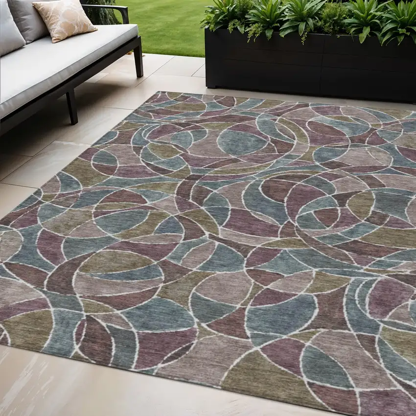 Plum Olive Green And Denim Blue Geometric Washable Indoor Outdoor Area Rug Photo 2