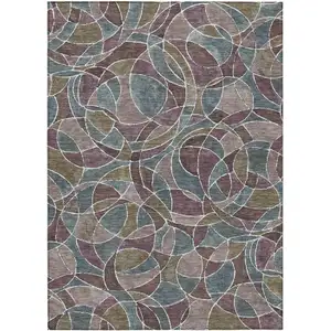 Photo of Plum Olive Green And Denim Blue Geometric Washable Indoor Outdoor Area Rug