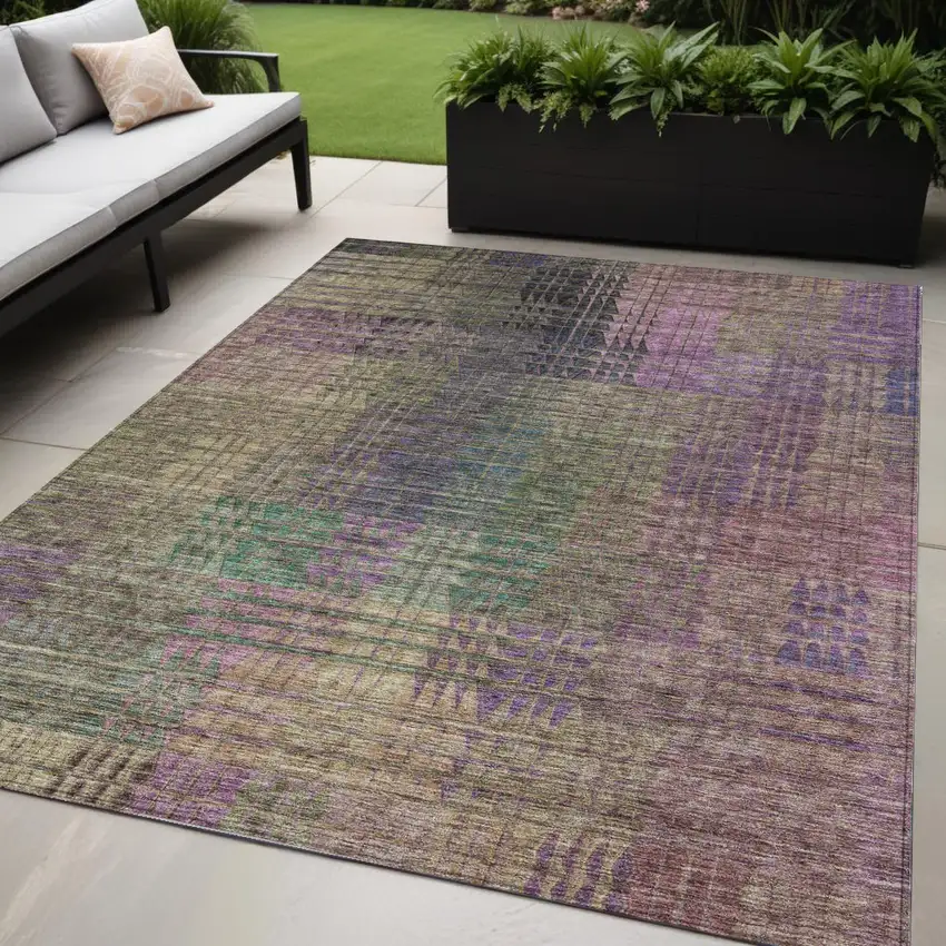 Plum Olive Green And Lavender Abstract Washable Indoor Outdoor Area Rug Photo 1