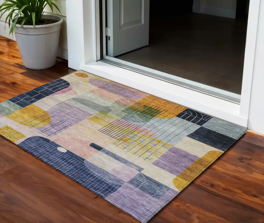 Plum Purple And Copper Abstract Washable Indoor Outdoor Area Rug Photo 1