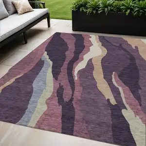 Photo of Plum Purple And Ivory Abstract Washable Indoor Outdoor Area Rug