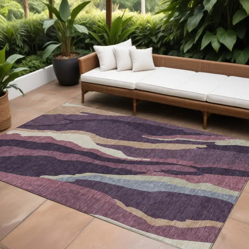 Plum Purple And Ivory Abstract Washable Indoor Outdoor Area Rug Photo 1