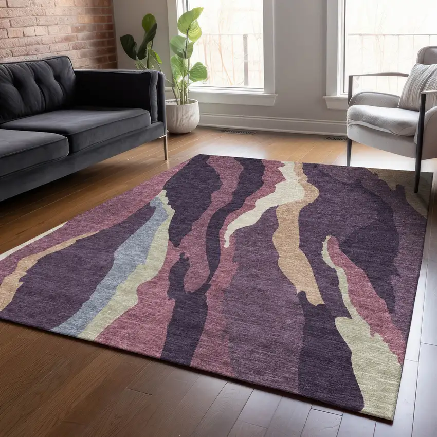 Plum Purple And Ivory Abstract Washable Indoor Outdoor Area Rug Photo 9