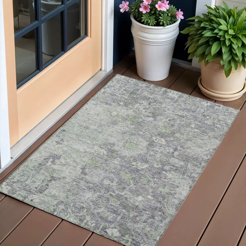 Plum Purple And Olive Green Oriental Washable Indoor Outdoor Area Rug Photo 1