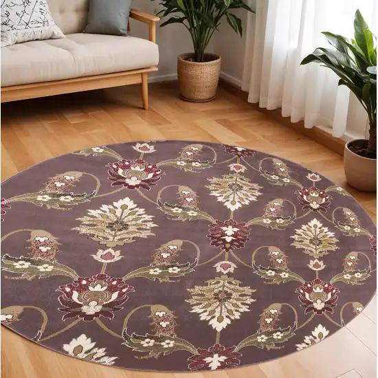 7' Purple Ivory And Brown Floral Octagon Rug Photo 1