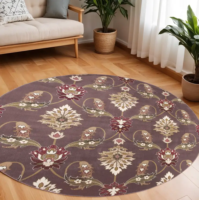 7' Purple Ivory And Brown Floral Octagon Rug Photo 1