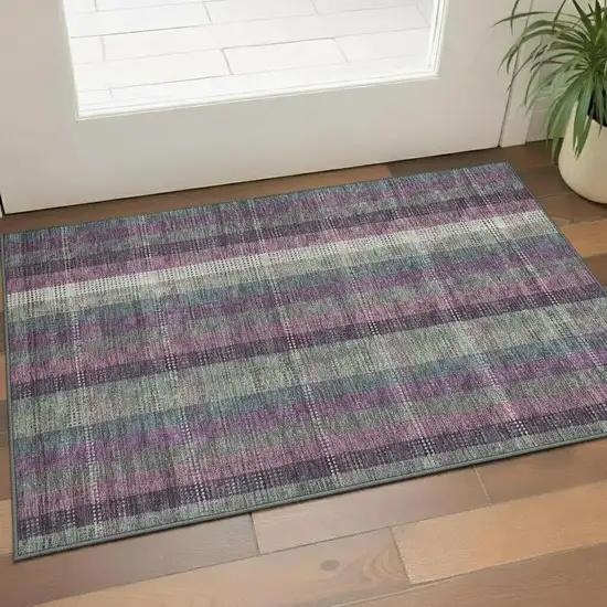 Plum Sage And Gray Plaid Washable Area Rug With UV Protection Photo 2