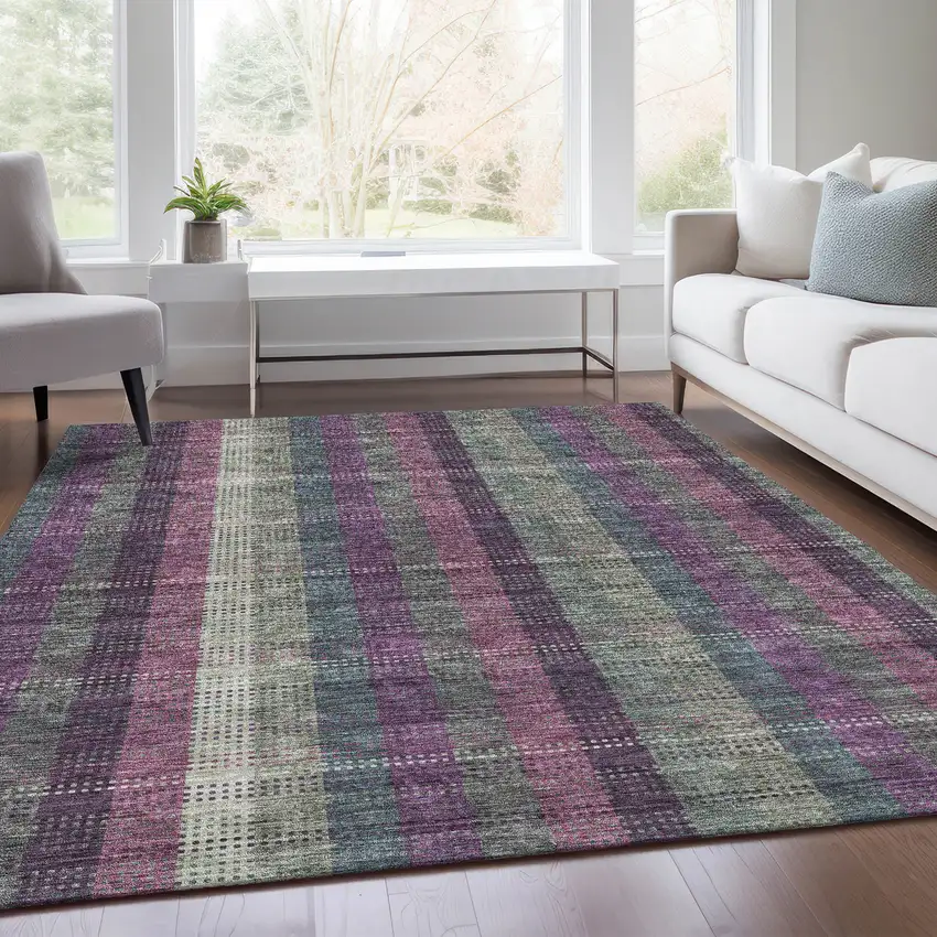 Plum Sage And Gray Plaid Washable Area Rug With UV Protection Photo 5