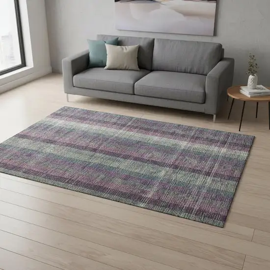 Plum Sage And Gray Plaid Washable Area Rug With UV Protection Photo 2