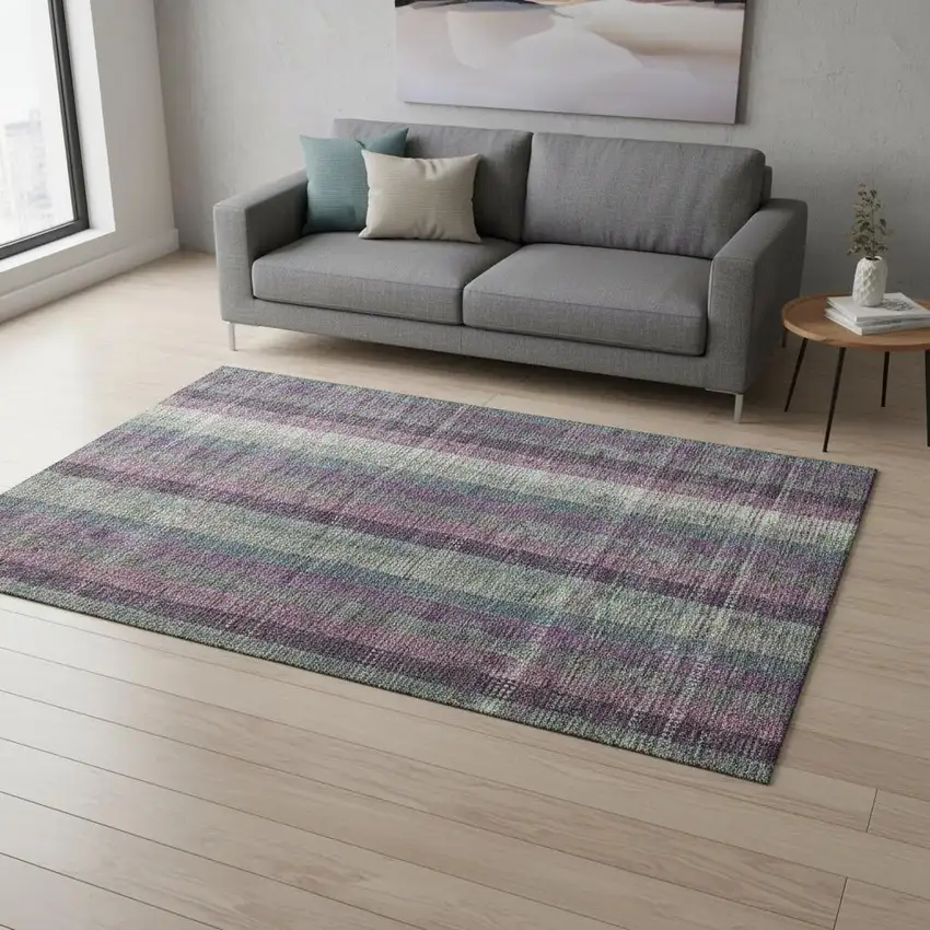 Plum Sage And Gray Plaid Washable Area Rug With UV Protection Photo 2