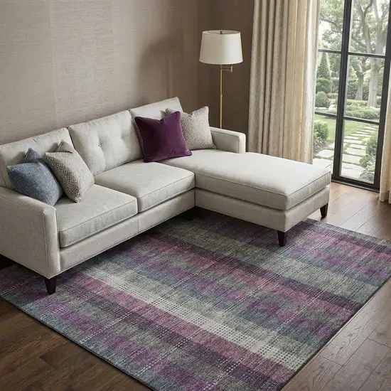 Plum Sage And Gray Plaid Washable Area Rug With UV Protection Photo 1