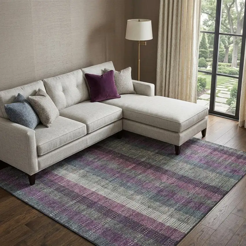 Plum Sage And Gray Plaid Washable Area Rug With UV Protection Photo 1
